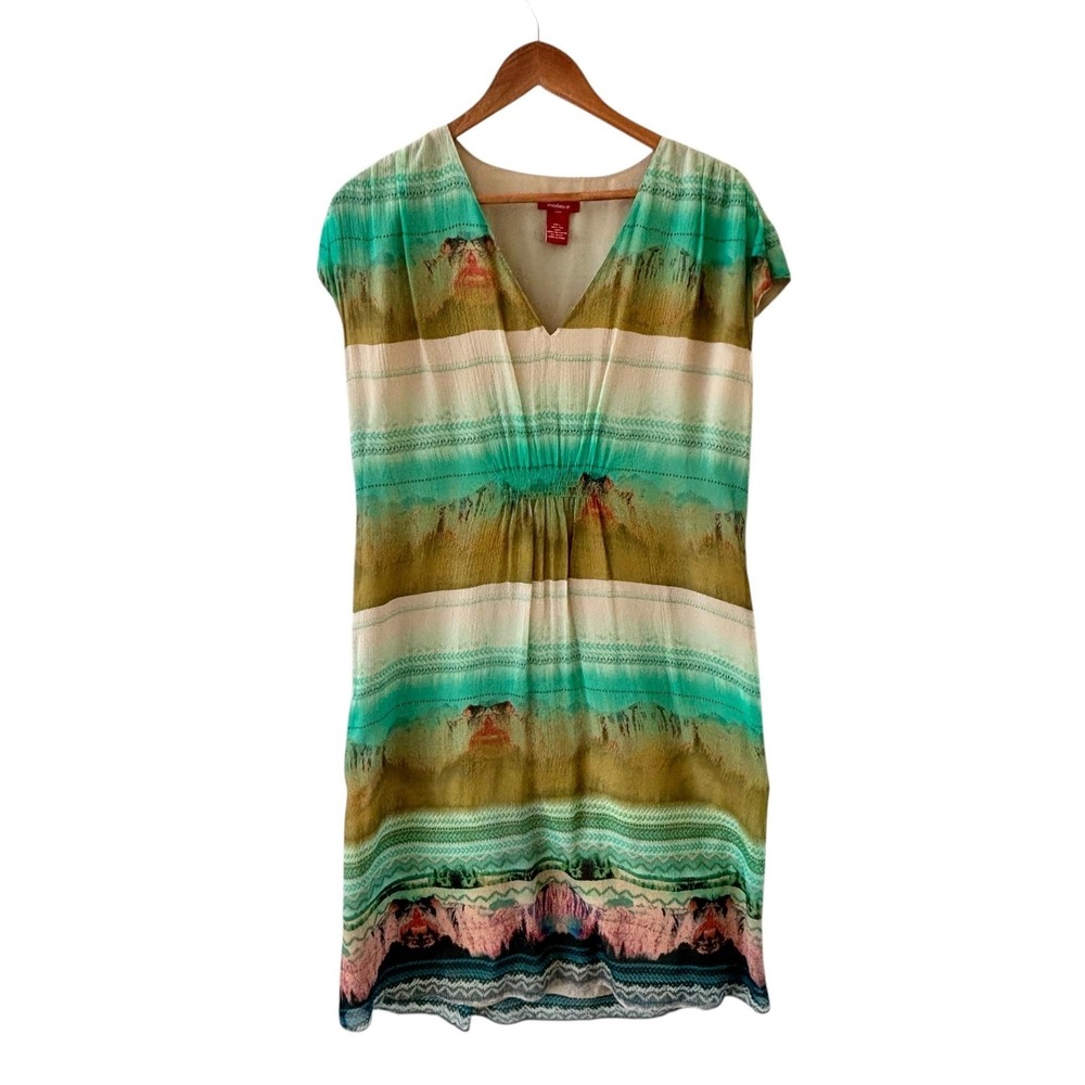 Sundance 100% Silk‎ Dress Womens L Green Brown Boho Smocked Earthy V Neck